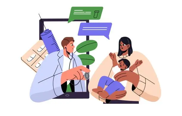 Vector illustration of Online medical consultation by phone concept. Pediatrician prescribe pills to baby in chat. Doctor communicate with patient by video call. Health flat isolated vector illustration on white background