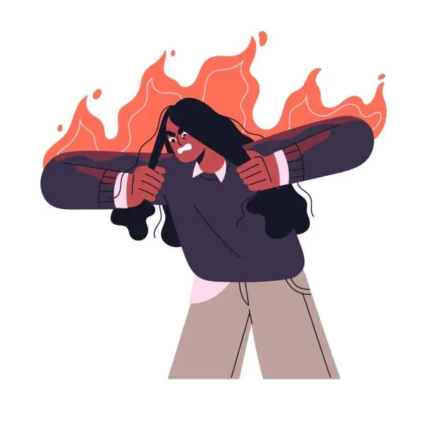 Vector illustration of Angry woman tear her hair in rage. Furious girl burn in fire. Mad person scream in flame. People in tantrum. Problems with aggression. Hot temper flat isolated vector illustration on white background