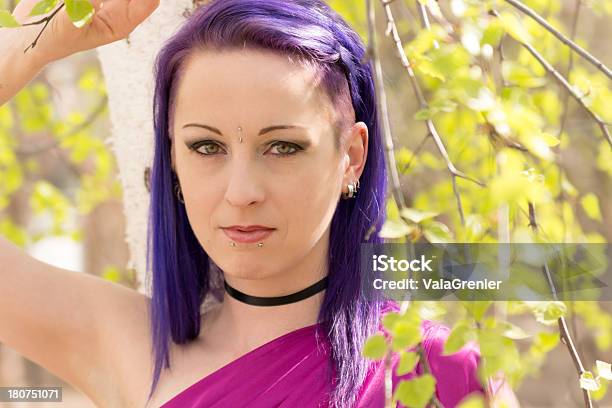 Purple Haired Woman Leaning On Birch Tree Stock Photo - Download Image Now - 30-34 Years, 30-39 Years, Adult