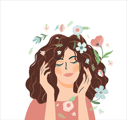 Portrait of cute girl with flowers. Self care, self love, harmony. Isolated design.