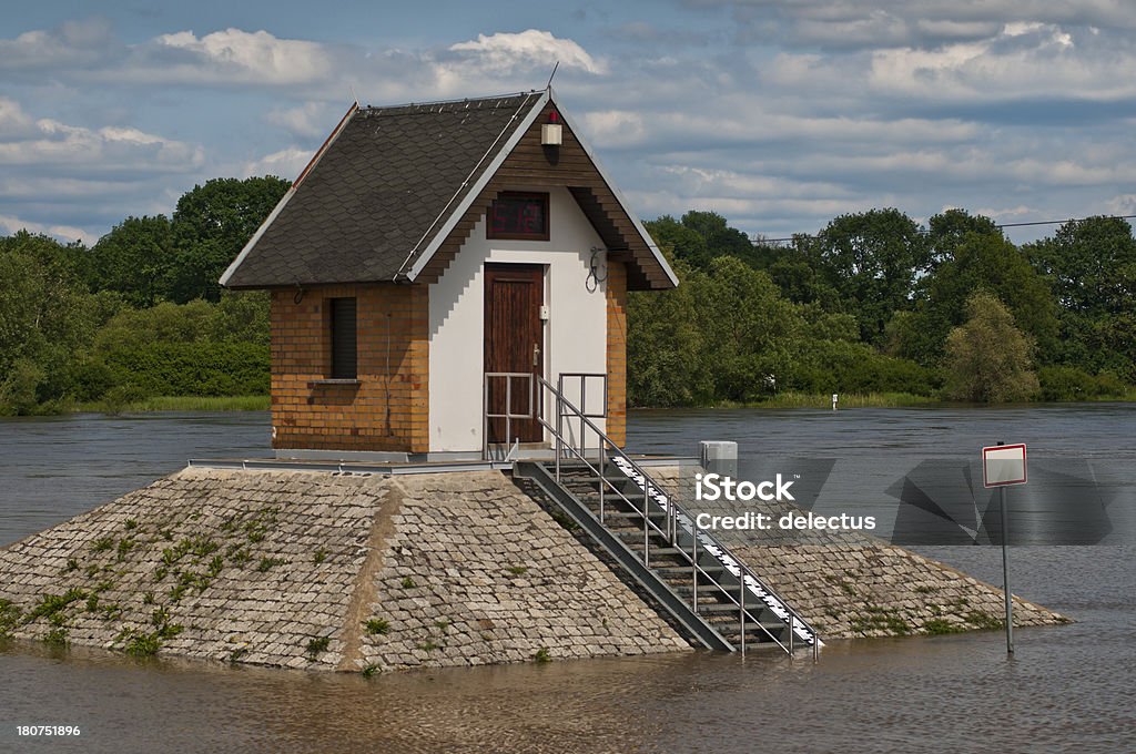 level meter house Level meter house in the flood. Ratzdorf at the confluence of the Oder and Neisse. Brandenburg, Germany Flood Stock Photo