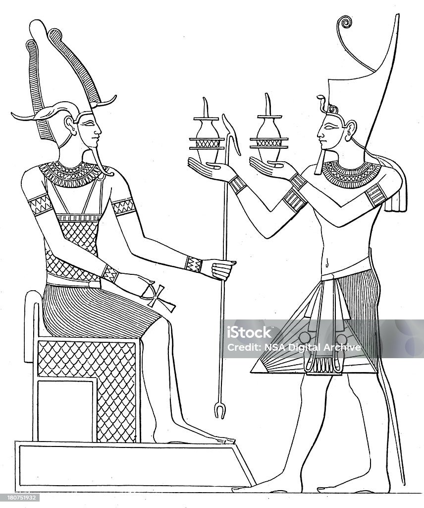 Egyptian con cama king, que ofrece el sacrificio de madera antiguos Osiris (grabado) - Ilustración de stock de Osiris libre de derechos