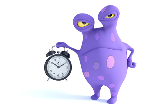 A cute charming cartoon monster holding a big old style alarm clock and looking angry or irritated. The monster is purple with big spots. White background with copyspace. Time concept.