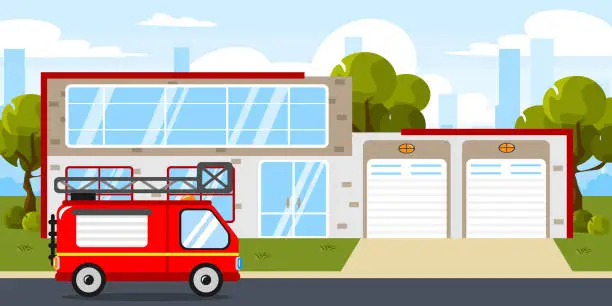 Vector illustration of Vector illustration of a modern fire department. Cartoon urban buildings with parked fire engines, trees and city in the background.