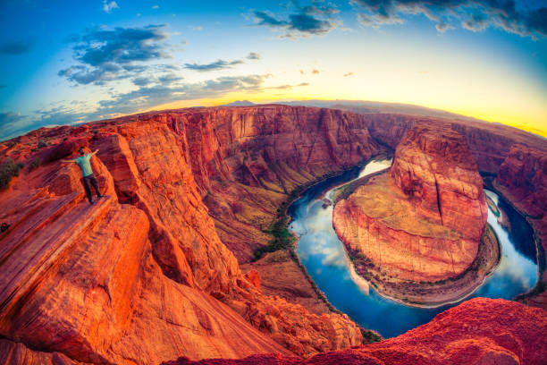 Horseshoe bend, Grand Canyon, USA the Colorado River at Horseshoe Bend, Glen Canyon, Arizona, USA." fish eye effect stock pictures, royalty-free photos & images