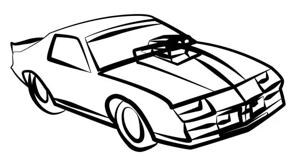 Vector illustration of Outline of isometric muscle car for drag racing with large racing carburetor on the hood isolated on white. Clipart.