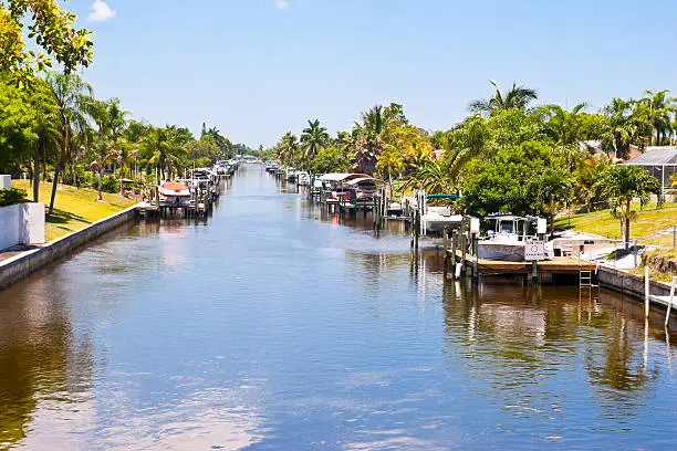 Endless docks on a Florida freshwater canal.