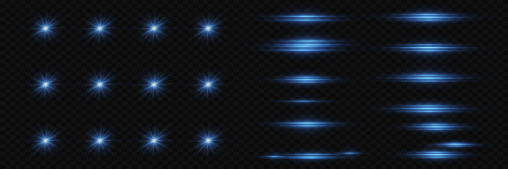 Collection of shining blue stars and flares. Effect of lines, sparkle of light and explosion, blue light. On a transparent background. Vector illustration