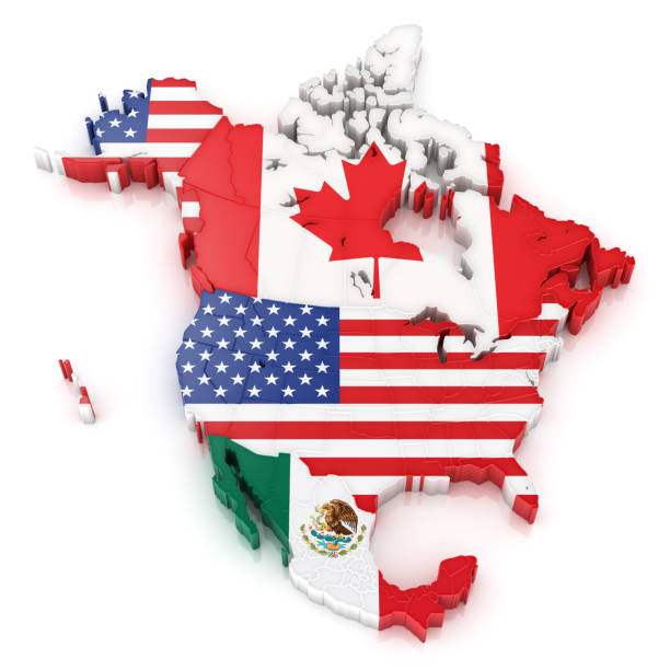 américa do norte mapa com sinalizadores de eua e canadá e méxico - mexican flag mexico flag digitally generated image imagens e fotografias de stock