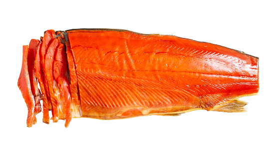 Sockeye salmon fillet isolated on white background. old smoked red salmon fish fillet.
