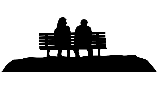 Silhouettes of man and a woman sitting on bench isolated on white background. Vector clipart.