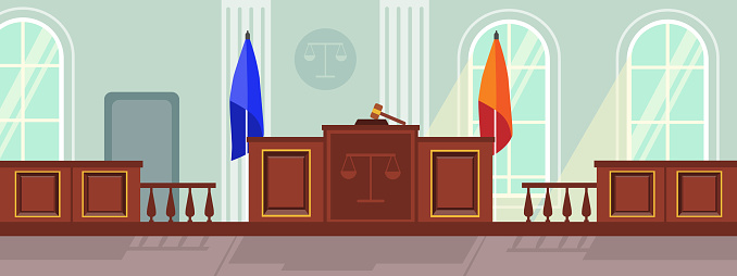 Vector illustration of modern interior law court. Cartoon interior with flags, judge and jury table, gavel.