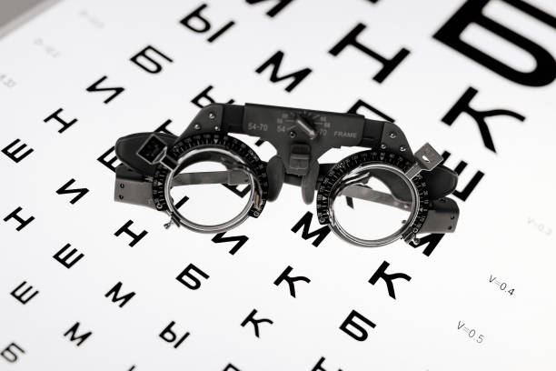 istock Image of test glasses with letter diagram for eye examination, vision optometry background. Vision diagnostics and prevention concept. 1807545359