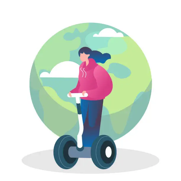 Vector illustration of Young female on Segway on background with planet. Care about planet concept
