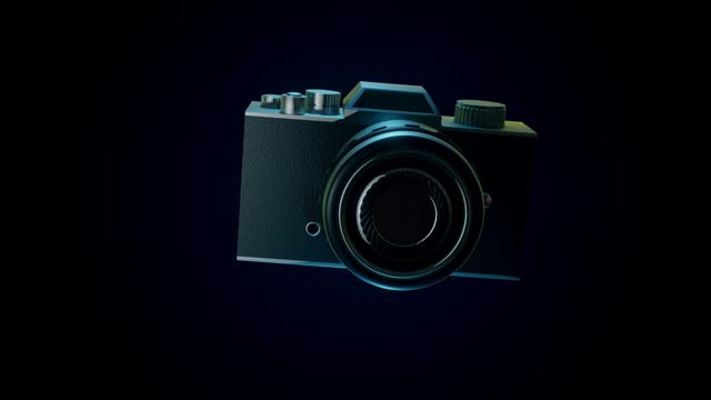 a flashing mirrorless camera floating in a black background
