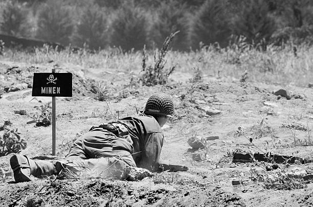 istock World War 2 D-Day Military Reenactment Soldier Black and White 180755193