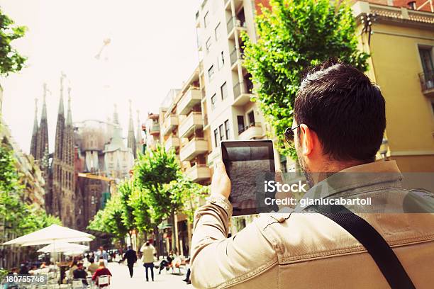 Man Taking Pictures With Tablet Stock Photo - Download Image Now - Adult, Adults Only, Antoni Gaudí