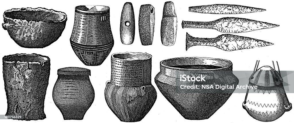 Objetos de piedra y madera antiguos hielo edad (grabado) - Ilustración de stock de Ollas y cacerolas libre de derechos
