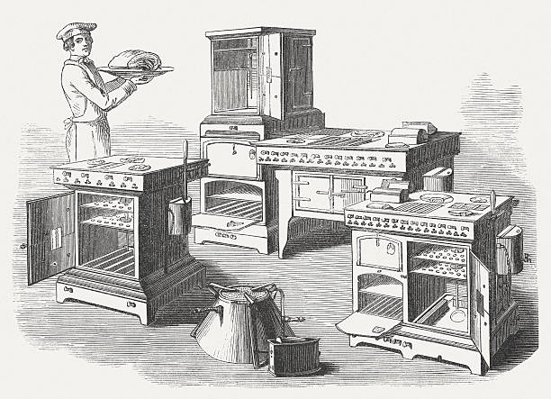 Gas stoves, wood engraving, published in 1854 Vintage gas stoves. Woodcut engraving, published in 1854. west china stock illustrations