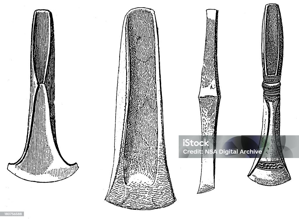 Ejes y herramientas de edad de bronce (grabado) madera antiguos - Ilustración de stock de Arqueología libre de derechos