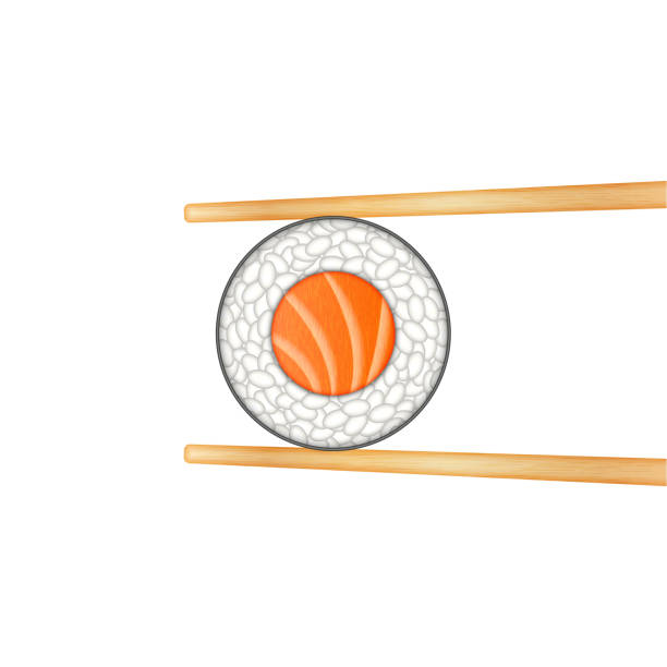 ilustrações, clipart, desenhos animados e ícones de rolo de salmão forma redonda estão segurando pauzinhos de madeira, close-up vista superior isolada no fundo branco, ilustração realista de comida vetorial de sushi japonês tradicional comer. - chopsticks nobody red white background