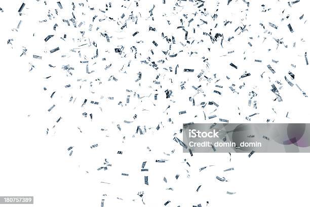 Silver Metallic Confetti Falling Isolated On White Background Stock Photo - Download Image Now