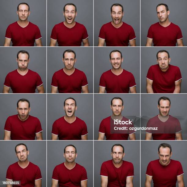 Real Homem Fazendo Dezasseis Diferentes Expressões Faciais - Fotografias de stock e mais imagens de Expressão Facial