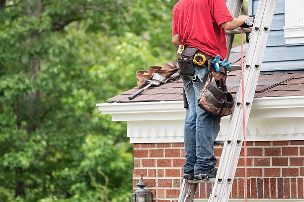Roofer on a Ladder Horizontal with Copy Space stock photo