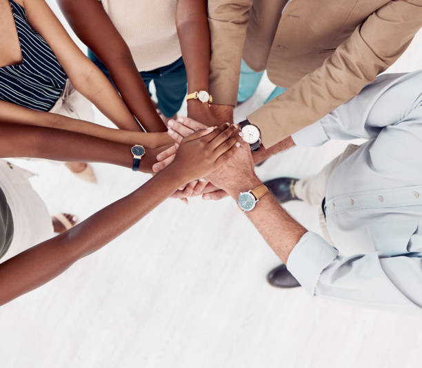 istock Teamwork, support and stack of hands of business people for community, trust and collaboration in office. Diversity, motivation and hands together of group of workers for agreement, goals and growth 1807599424