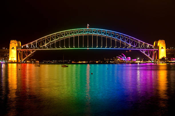 vivaci a sydney harbour bridge - rainbow harbor foto e immagini stock