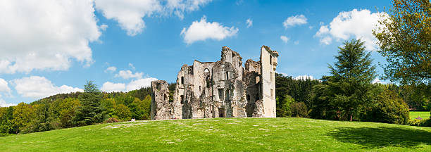 Old Wardour Castle, Tisbury, Wiltshire, UK "THIS CASTLE IS AN UNINHABITED RUIN. A panoramic view of the romantic ruins of Old Wardour Castle, near Tisbury, Wiltshire, UK. Image taken on a sunny late spring afternoon.Similar images:" keep fortified tower photos stock pictures, royalty-free photos & images