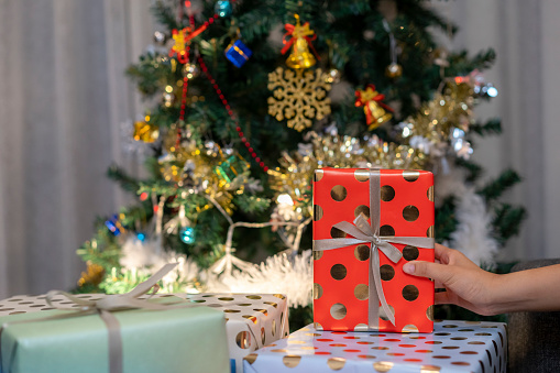 Woman hand with christmas gifts and christmas tree background.