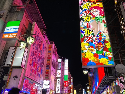 Japan - Tokyo - Shinjuku district by night  - street illuminated by colorful neon lights