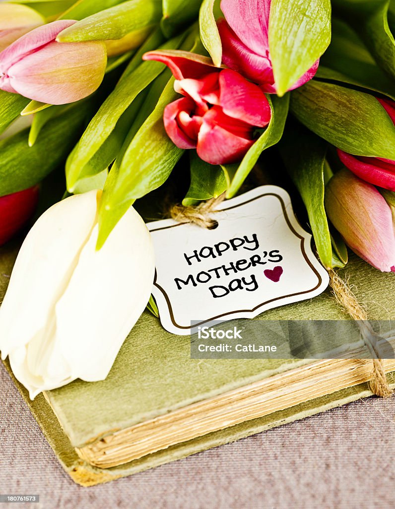 Happy Mother's Day Vintage Book with Flowers and Happy Mother's Day gift tag Book Stock Photo