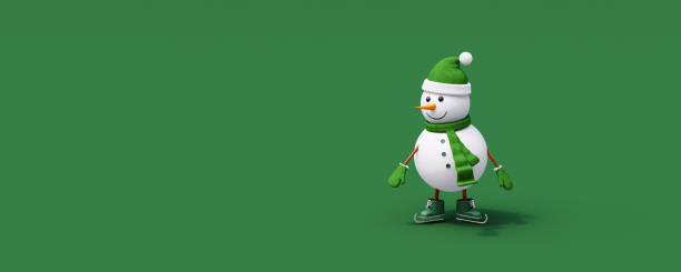 istock Snowman with ice skates on green background. Winter Holidays concept with copy space 3d render 1807619452