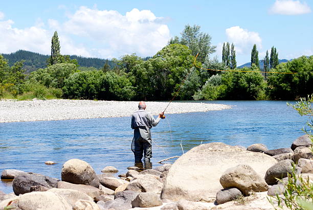 Fisherman on the Motueka River, Tasman, NZ A Fisherman flicks his rod out to the Motueka River, in the Tasman Region of New Zealand.  fisherman on the motueka river tasman new zealand stock pictures, royalty-free photos & images