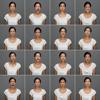Middle eastern woman making sixteen different facial expressions. High resolution image. All the pictures developed from Raw.