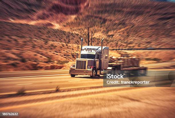 Truck Running Fast On Us Highway Stock Photo - Download Image Now - Blurred Motion, California, Cargo Container