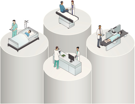 Illustration of healthcare disciplines, activities and data remaining separated in silos.