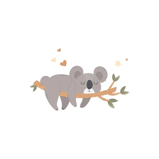 Vector illustration of Illustration of Cute Sleeping Koala Baby on a Tree Branch. Children's Vector Illustration