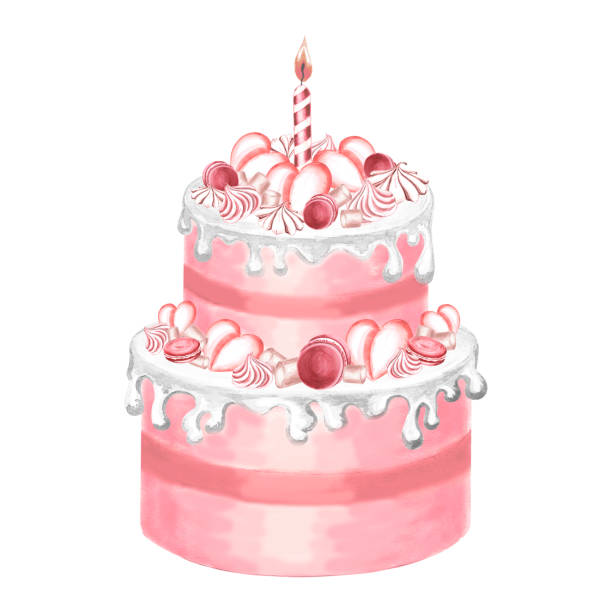 istock Cake with pink candle, hearts marshmallow and meringue for Valentine's Day Dessert with macaroons, marshmallow, glaze and candle. Hand drawn watercolor illustration for various designs, menu, sticker 1807635265