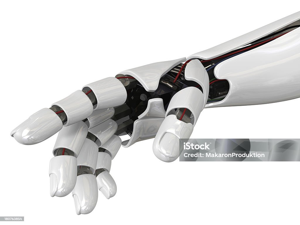Humanoid robot hand Humanoid robot hand. Futuristic cyborg concept. High quality 3D rendering. Isolated on white background. Robotic Arm Stock Photo