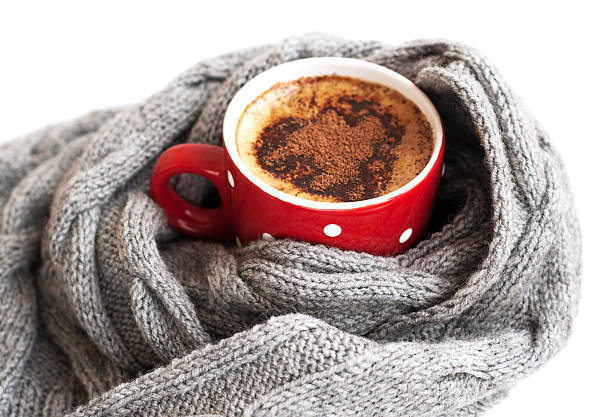 istock Cup of cocoa wrapped in grey scarf 180763857