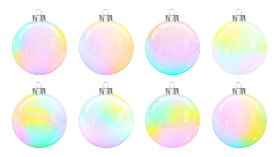 Christmas balls set. New Year decorations collection. Christmas tree. Glass ball. Winter holidays. Holographic baubles. Xmas vector. Holography. New Year tree toys.