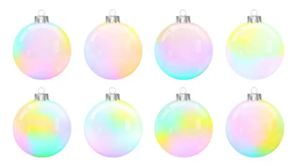 Vector illustration of Christmas balls set. New Year decorations collection. Christmas tree. Glass ball. Winter holidays. Holographic baubles. Xmas vector. Holography. New Year tree toys.