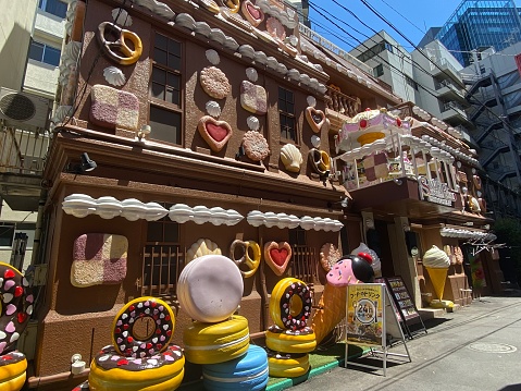 Japan - Tokyo - Love Hotel in Shibuya. \nThere are romantic hotel for lovers. The décoration of this love hotel is biscuits and chocolate