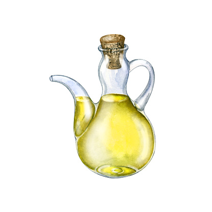Hand drawn watercolor, oil in a decanter. Vegetable oil in a jug. Isolated element for packaging, invitation, fabric and paper design.
