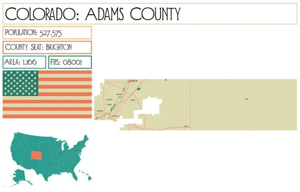 Vector illustration of Large and detailed map of Adams County in Colorado USA.