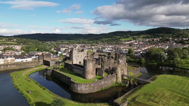 Caerphilly Castle, a medieval fortification in Wales, United Kingdom (aerial view)