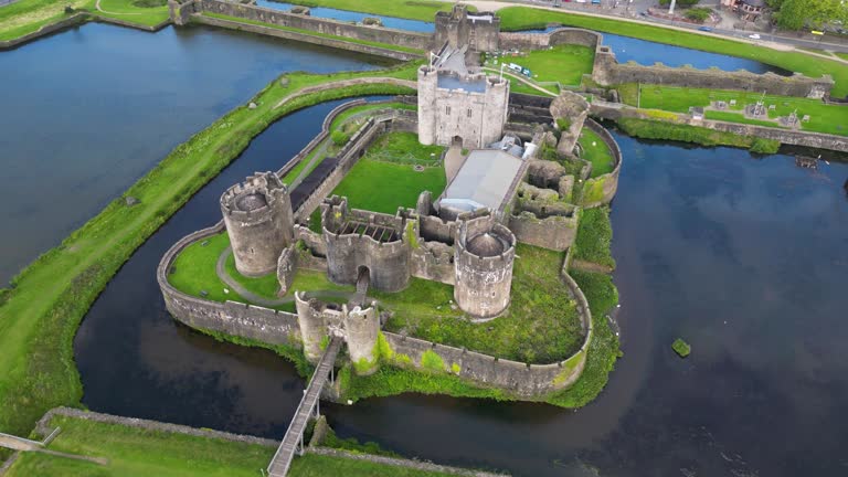 Aerial shot of Caerphilly Castle (Welsh: Castell Caerffili) in Wales, UK